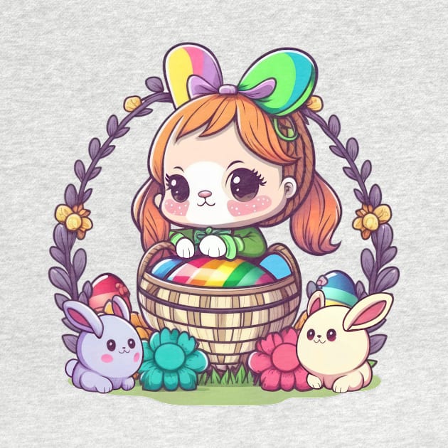 Cute Easter Bunny Girl In Basket. Spring Rainbow Flowers and Easter Eggs by ElenaDro